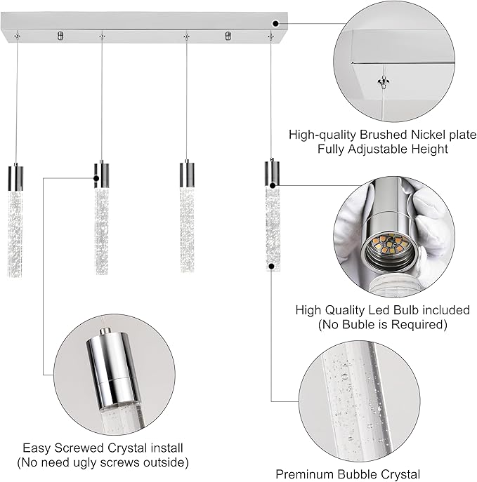 4-Light Chrome Integrated Crystal Pendant Chandelier,Dimmable LED Ceiling Light with Adjustable Height for Kitchen Island, Dining Room & Bedroom 3000K -6000K
