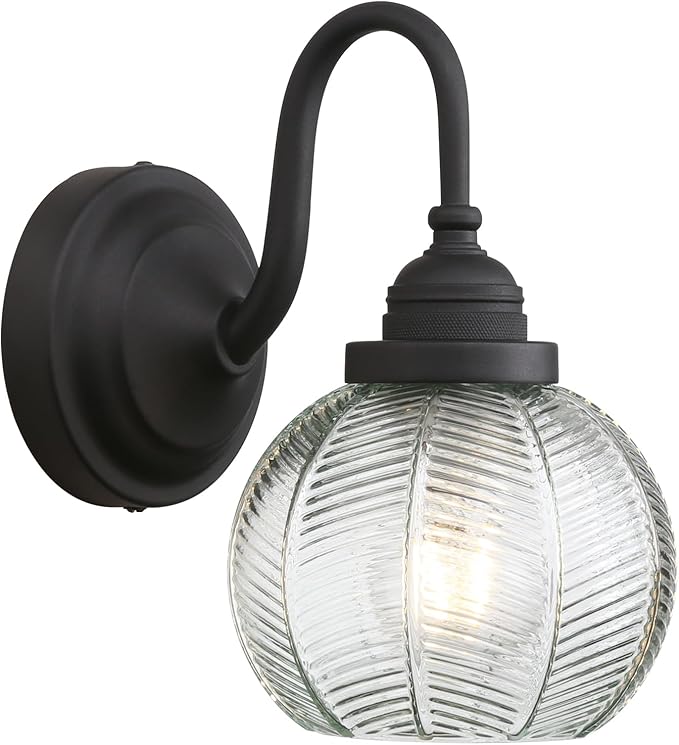 PERMO Vintage Wall Sconce with Clear Ribbed Glass Shade Retro Matte Black Sconce Bronze Bathroom Wall Light for Loft Kitchen Living Room Bedroom Hallway Doorway