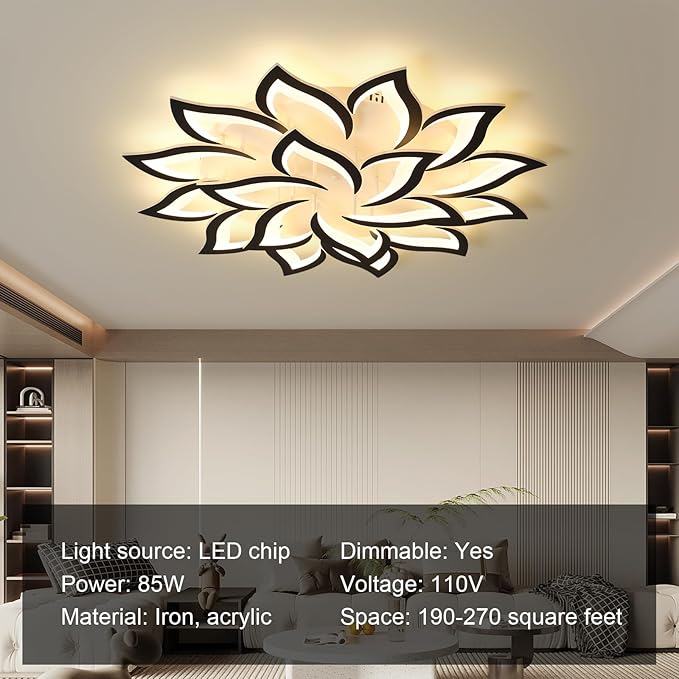 JAYMP 39.4" Flower Shaped Ceiling Light Dimmable Modern Ceiling Lamp Remote Control LED Lighting Fixture for Living Room Dining Room Farmhouse (Black/18 Petals)
