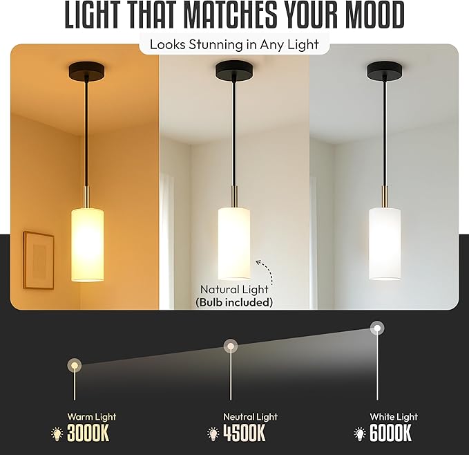 Luxury Black Pendant Light (Bulb Included) with Gold Finish & Adjustable Height - Hanging Ceiling Light with Durable Glass for Kitchen Islands