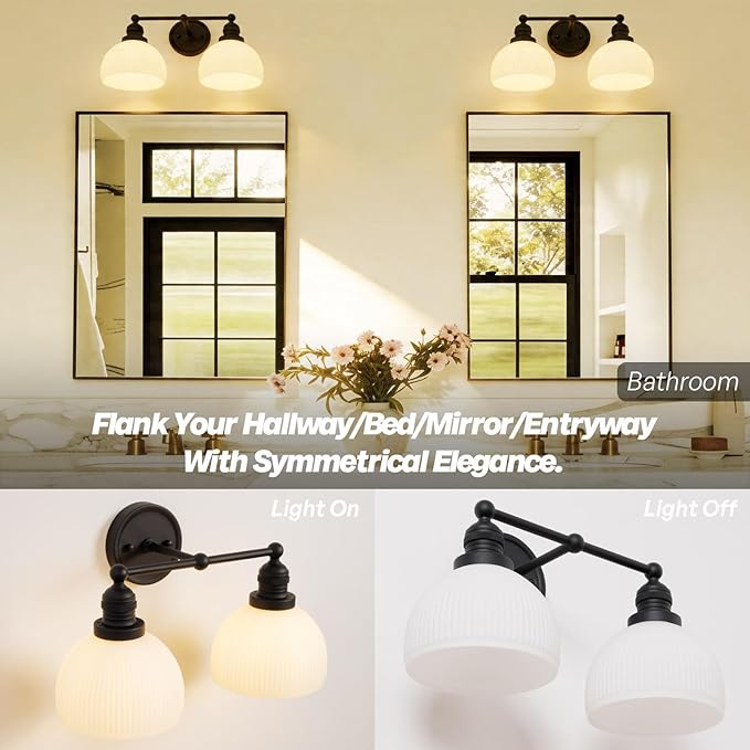 2-Light Wall Sconces,Black Double Bathroom Vanity Light with Milk Glass Minimalist Farmhouse Wall Sconce Light Lamp for Bathroom Mirror Living Room Bedroom Kitchen E26 Hardwire Indoor