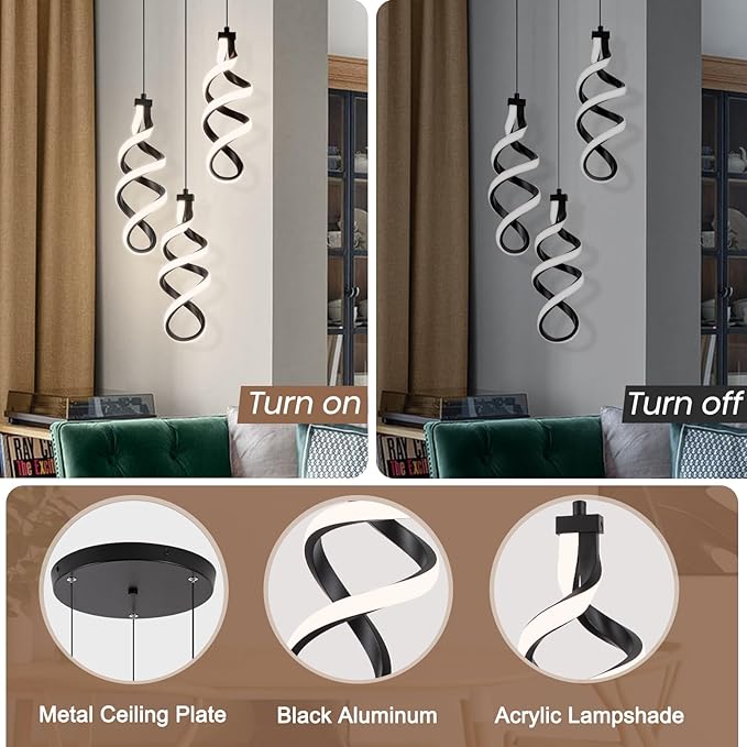 Modern Led Pendant Light Fixture, 45W Black Spiral Led Chandelier Hanging Lamp, 4500K 3 Light Cluster Pendant Lighting, Adjustable Height Pendant Light for Dining Room Bedroom Kitchen Island (3 Light)