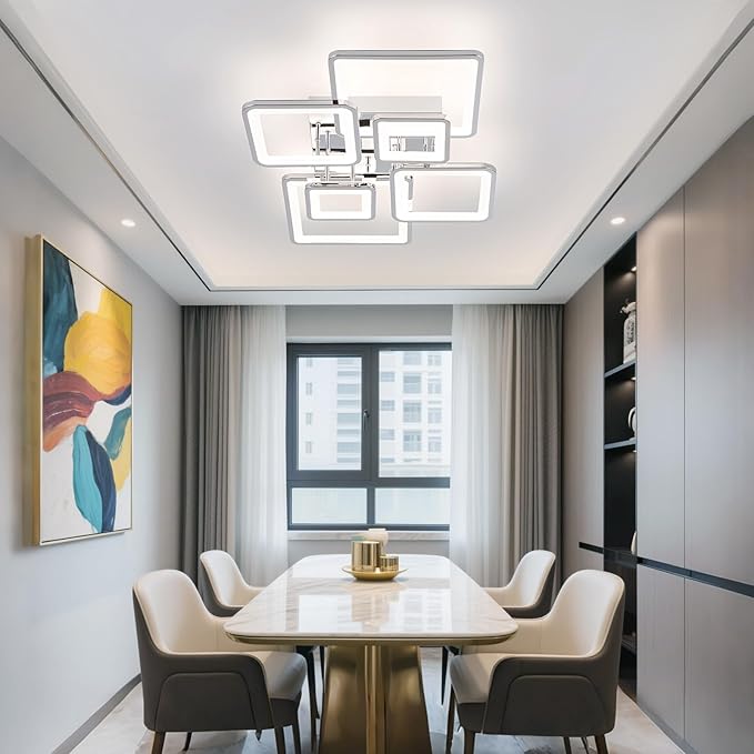 31.5''Dimmable Modern LED Ceiling Light Chrome 6Rings Square Ceiling Lamp 3000K-6500K Flush Mount Ceiling Lightwith Remote for Dining Room, Kitchen, Living Room