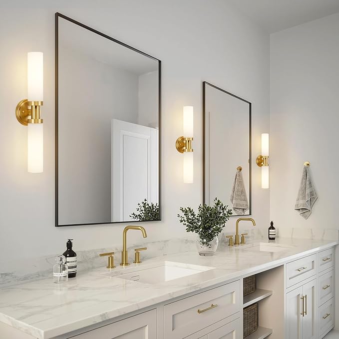 SANTOSTOCK Gold Bathroom Light Fixtures Modern Vanity Lights W/White Glass Shade, 2-Light Sconces Wall Lighting for Mirror Kitchen Bedroom Hallway, Brushed Brass Gold Wall Decor Wall Mount Lamp