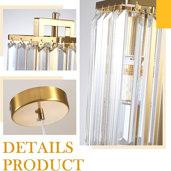 Modern Crystal Pendant Light Fixture 1-Light Gold Stainless Steel Hanging Lighting Crystal Chandelier for Kitchen Island Dining Room Bedroom, 1 Pack