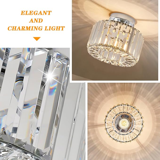 BUXVRCS Silver Crystal Chandelier - Modern Semi Flush Mount Ceiling Light Fixture for Kitchen, Bedroom, Living Room & More (Silver)