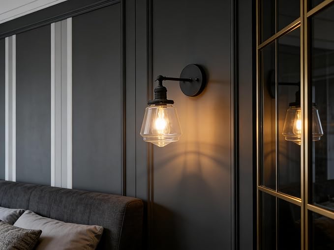 Phansthy Wall Sconces Light Fixture Industrial Wall Lamp, 180 Degree Adjustable Bathroom Vanity Light, Wall Light with Glass Shade Wall Decorative Lighting for Kitchen Living Room Hallway (Black)