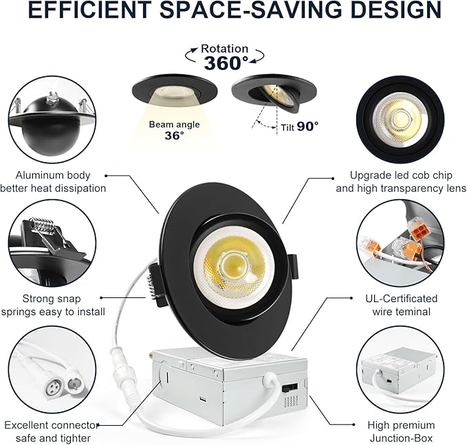 4 Pack Black 4-inch 5 CCT Gimbal LED Recessed/Downlight Color Selectable 2700K/3000K/3500K/4000K/5000K 800Lm 9W 120V Dimness Adjustable LED Lights