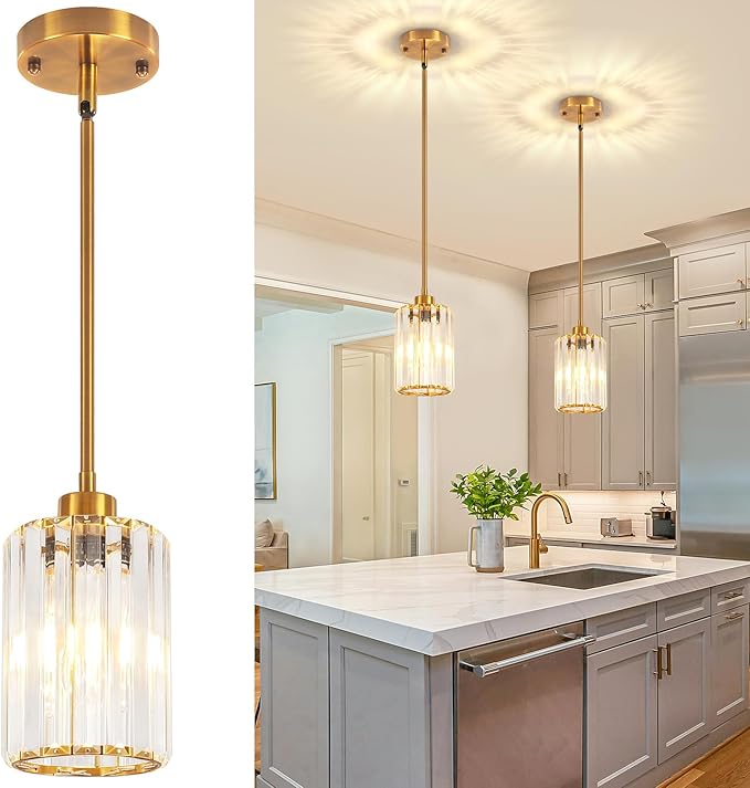 2 Pack Brushed Gold Pendant Lights Kitchen Island, Modern Crystal Kitchen Pendant Lighting Over Island Dining Room Light Fixtures Adjustable Hanging Pendant Light for Bathroom Hallway Foyer Bedroom