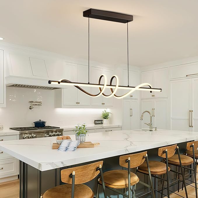 Modern LED Pendant Lights, Ceiling Chandelier Dimmable with Remote Control 3000k-6000K Adjustable Color Temperature, Aluminum Island Lighting Lamp Fixture for Kitchen, Dining Room(47in Black)