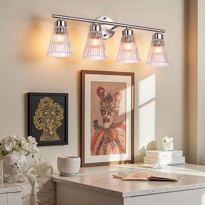 4-Light Bathroom Vanity Light, Brushed Nickel Bathroom Light Fixtures Over Mirror with Stripe Glass, Modern Wall Lamp, Wall Sconces Lighting for Living Room Bedroom Kitchen Hallway