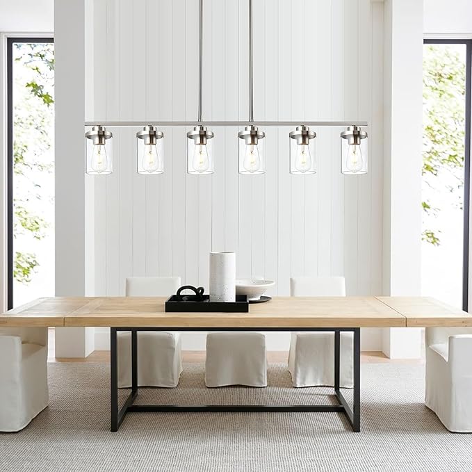 6 Light Pendant Lights Kitchen Island,Brushed Nickel Farmhouse Island Lighting Fixture Clear Glass Shade Pendant Lighting for Living Room Hallway Bedroom Dining Hall Office Bar