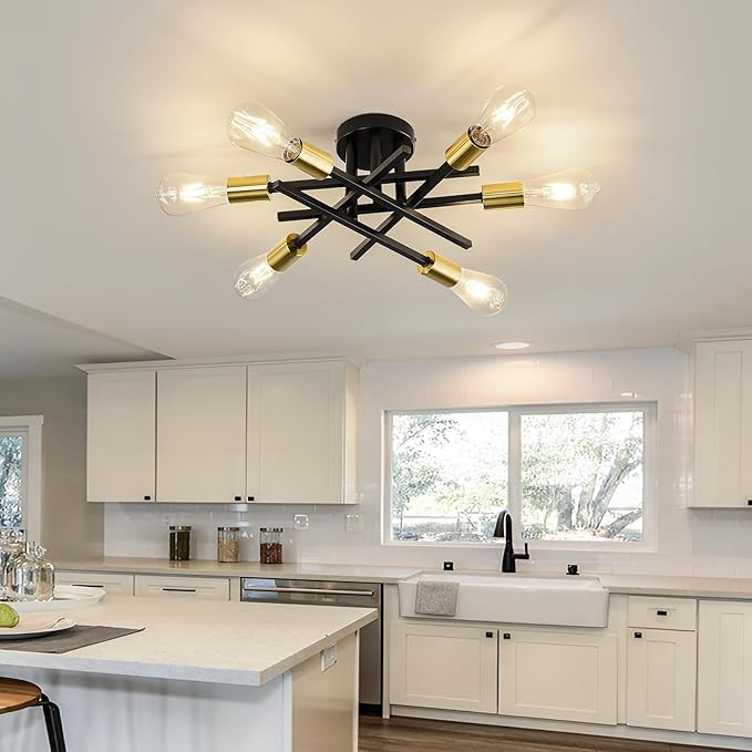 ASGYISA 6-Lights Sputnik Semi Flush Mount Ceiling Light Fixture Modern Metal Black and Gold Chandeliers with E26 Bulb Base Close to Ceiling Light for Kitchen Dining Room Living Room Hallway Bedroom