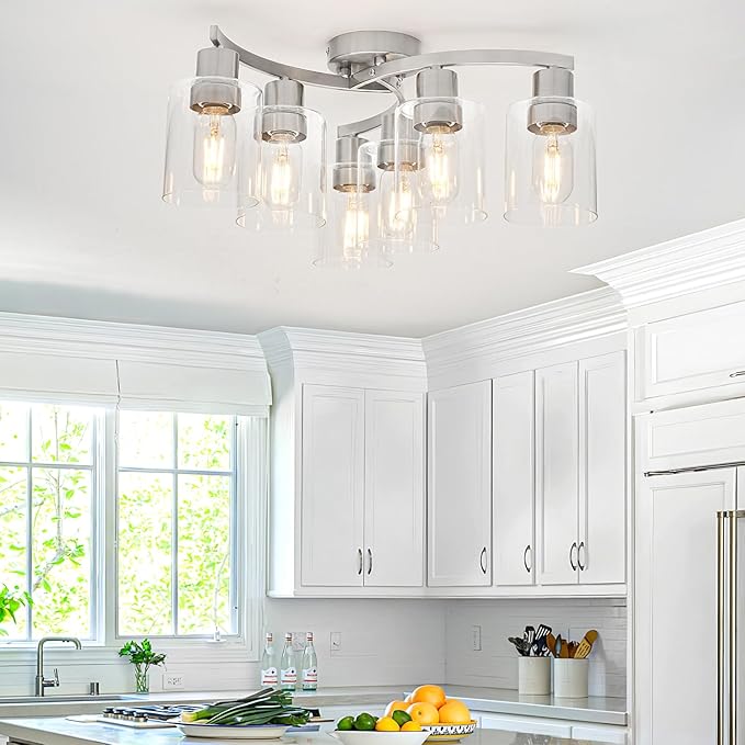 WILON 6-Light Large Brushed Nickel Semi Flush Mount Ceiling Light Fixture, Modern Light Fixtures Ceiling Mount with Clear Glass Shade, Industrial Ceiling Lamp for Dining Room Kitchen Living Room