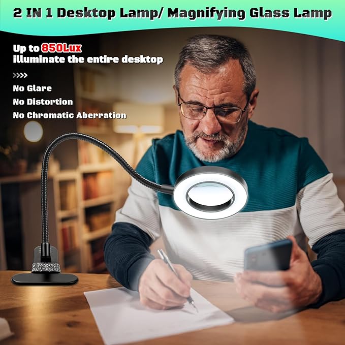10X Magnifying Glass with Light, Clip on Mganifier with Light, 48 LED Desk Magnifying Glass wtih Clamp, 3 Modes Dimmable Magnifying LED Lamps for Bed Work Crafts DIY Repair