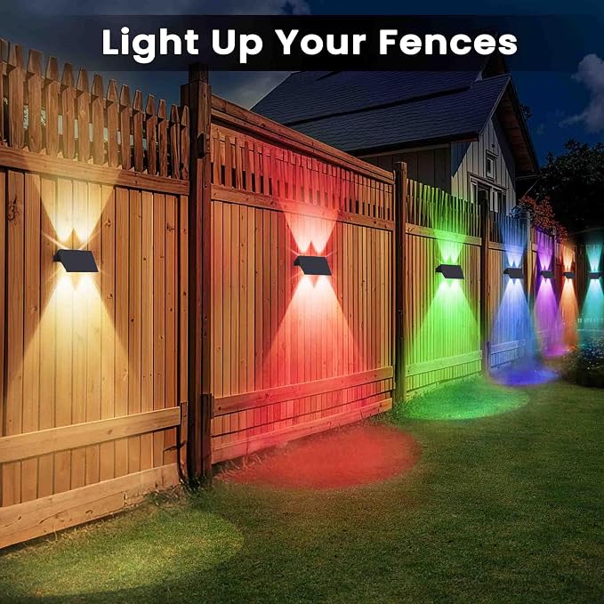 Fence Lights Solar Powered, 8-Pack Solar Fence Lights Up/Down Flexible Buttons, IP67 Waterproof for Outdoor, 100LM Bright, Auto Dusk to Dawn for Wall/Stairs/Yard/Railing/Deck/Pathway (White & RGB)