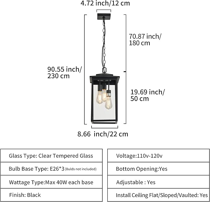Outdoor Hanging Light Fixture 3-Light, Modern Black Metal Outside Chandelier Exterior Hanging Fixture Ceiling Mount with Clear Glass Shade for Front Porch Entrance Foyer Entryway(Bulbs not Included)