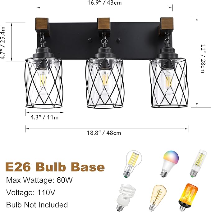 Farmhouse Bathroom Light Fixtures, 3 Light Bathroom Vanity Light with Metal and Glass Lampshade, Wood Rustic Lighting Fixtures Over Mirror, Black Wall Sconces for Living Room, Bedroom