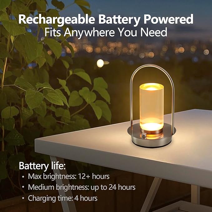 Cordless Table Lamp, 3-Color & Stepless Dimming with Touch Control, Portable Rechargeable for Outdoor Indoor Use, Water-Resistant Desk Light for Bedroom Living Room Patio (Silver)