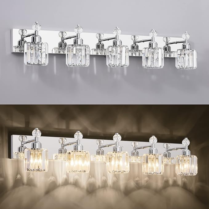 PRESDE Crystal 5-Light Vanity Light for Bathroom，Chrom Modern Bathroom Lights Fixtures Over Mirror