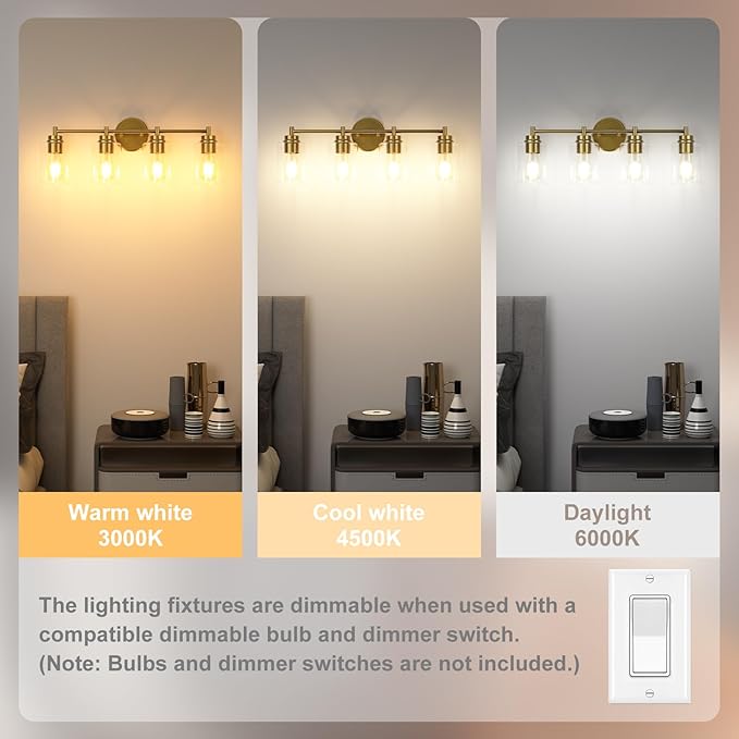 ChangM Bathroom Vanity Light Fixtures 4-Light, Brushed Gold Bathroom Light Fixture Over Mirror with Clear Glass Shade, Bathroom Wall Sconce Lamp for Living Room Porch Hallway(Not Incloud Bulb)