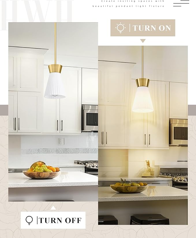 Gold Pendant Light, HWH Hanging Light Fixture for Kitchen Island, Bedroom, Modern Pendant Light with Milk White Striped Glass, Gold Finish, 5HZG107MIL BG