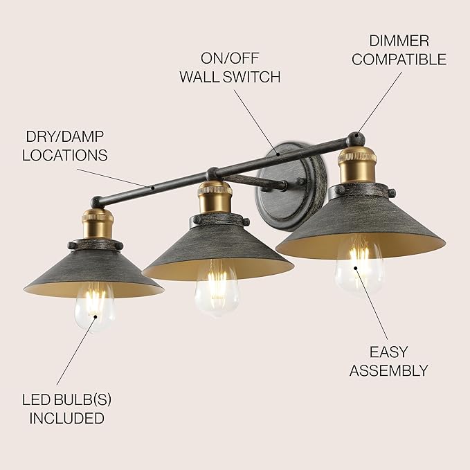 JONATHAN Y 26.5" Rustic Dark Gray/Brass Gold 3-Light Industrial Farmhouse Metal Vanity Light Wall Sconce, Metal Shade for Bathroom Mirror, Kitchen, Entryway, LED Bulb Included (JYL7428D)