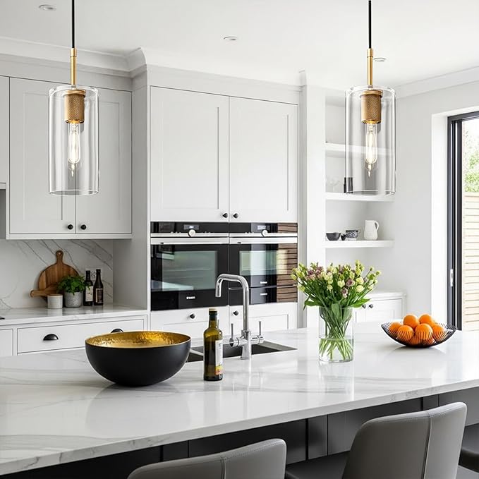Brass Pendant Lights Kitchen Island 2 Set Modern Glass Pendant Light Fixtures, 9.5'' Farmhouse Gold Pendant Light Fixtures, Indoor Chandelier for Bathroom, Bar Included Bulb