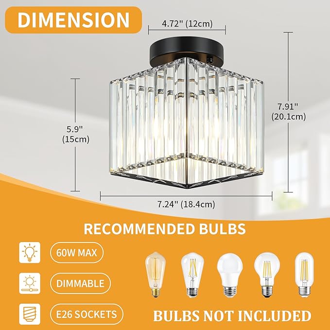 2-Pack Black Crystal Semi Flush Mount Ceiling Light 7.24" Modern Square Lighting Fixture Small Chandelier for Kitchen Hallway Entryway Dining Room Bedroom Bathroom Laundry
