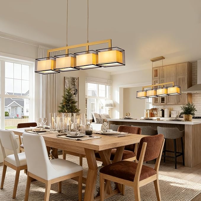 Modern 4-Light Linear Chandelier,Kitchen Island Light with Fabric Drum Shade, Adjustable Height Rectangular Pendant for Dining Room, Living Room, Hallway (L44 INxW7 in xH11 in)