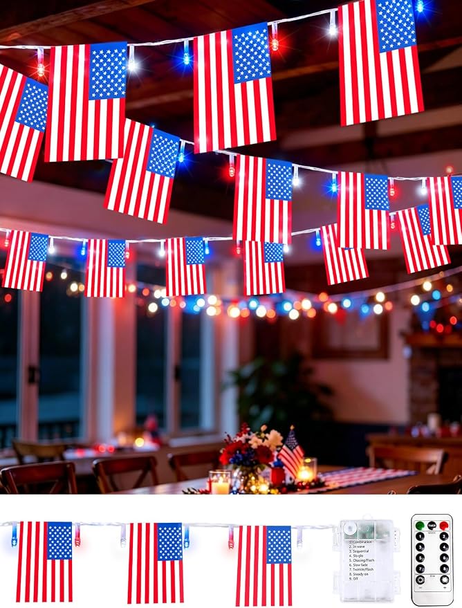 4th of July Decoration, 24FT 50LED Red White and Blue String Lights 25 American Flags, Battery Operated Patriotic Lights Waterproof 8 Modes, Remote & Timer for 250th Anniversary Independence Day Decor