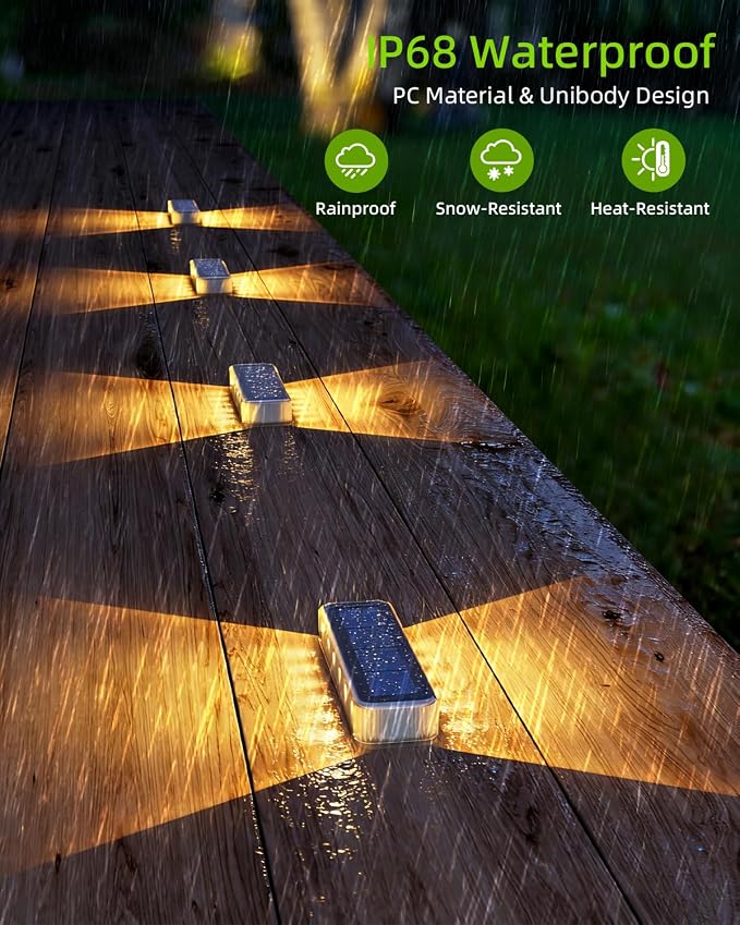 DetarZinLED Solar Step Lights for Outside 4 Pack, 12 LEDs 2-Sided Illumination Solar Stair Lights Outdoor IP68 Waterproof,Auto On/Off Deck Lights Solar Powered for Patio,Yard,Path,Walkway (Warm White)