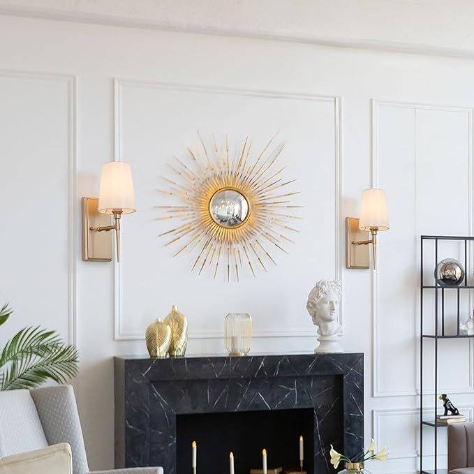 LALUZ Gold Wall Sconces, Modern 1-Light Gold Bathroom Light Fixtures with White Fabric Shade for Bathroom, Bedroom and Hallway