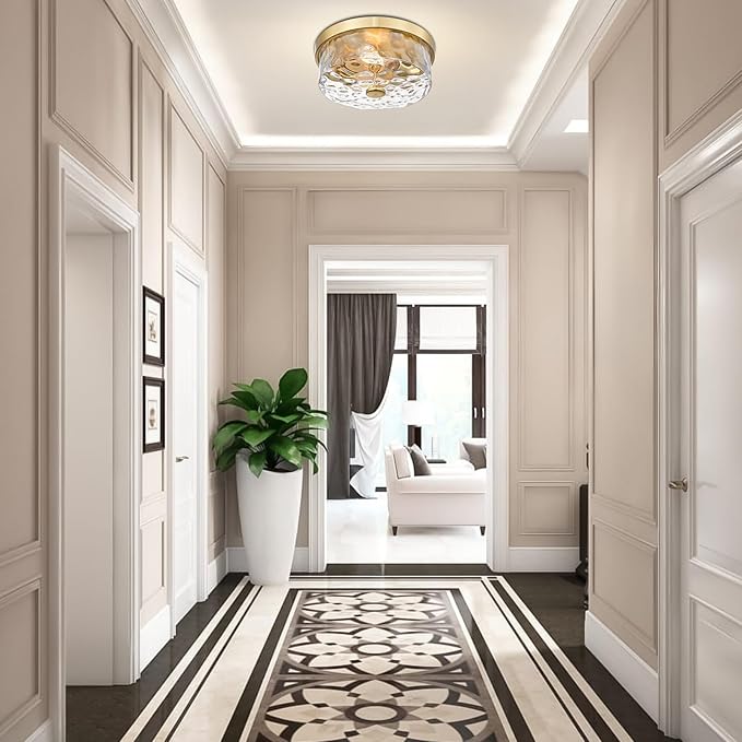 Flush Mount Ceiling Light with Water Ripple Glass Shade, Modern 2-Light Ceiling-Mount Light Fixtures for Bedroom Living Room Gold Metal Farmhous Ceiling Lamp for Lighting and Decoration