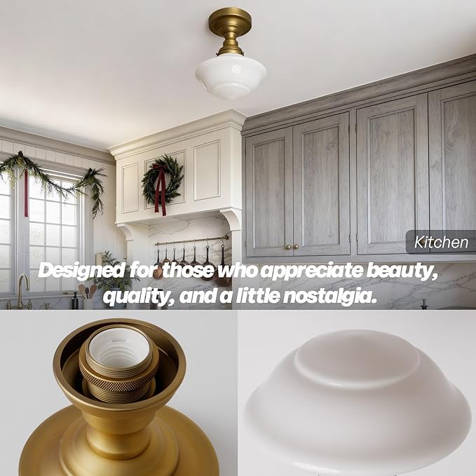 Modern Schoolhouse Semi Flush Mount Ceiling Light with Milk White Glass Lampshade, Industrial Close to Ceiling Light Fixture for Farmhouse Bedroom Hallway Entryway