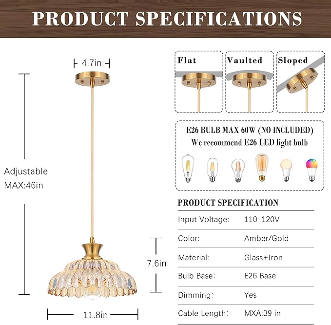 Amber Glass Pendant Lights, 2Pack Brushed Gold Lighting 11.8" Glass Light Fixtures Modern Glass Chandelier Vintage Hanging Ceiling for Kitchen Island Dining Room Restaurant Bedroom Foyer