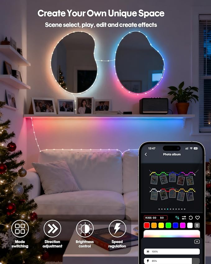 Super RGB Smart Fairy String Lights 66ft 200LEDs, Color Changing w/Remote & App Control, Multicolor Dynamic DIY RGB-IC Twinkle Light for Bedroom, Birthday, Party, Wedding Indoor Outdoor Decor