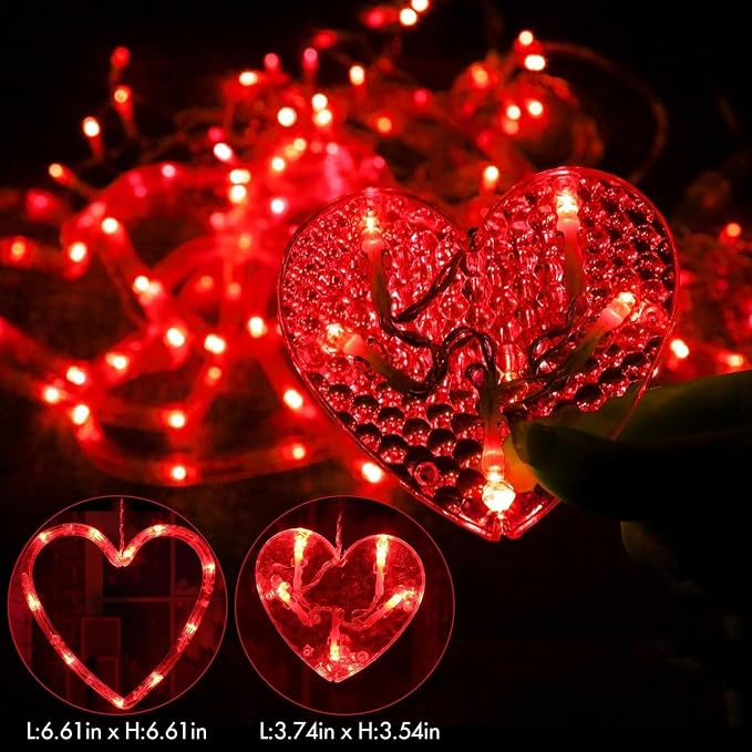 Valentine's Day Red Curtain Lights with 12 Hearts, 138 LED Heart-shaped String Lights 8 Lighting Modes, Plug in Waterproof Valentines Day Lights for Indoor Outdoor Party Wedding Valentine's Day Decor