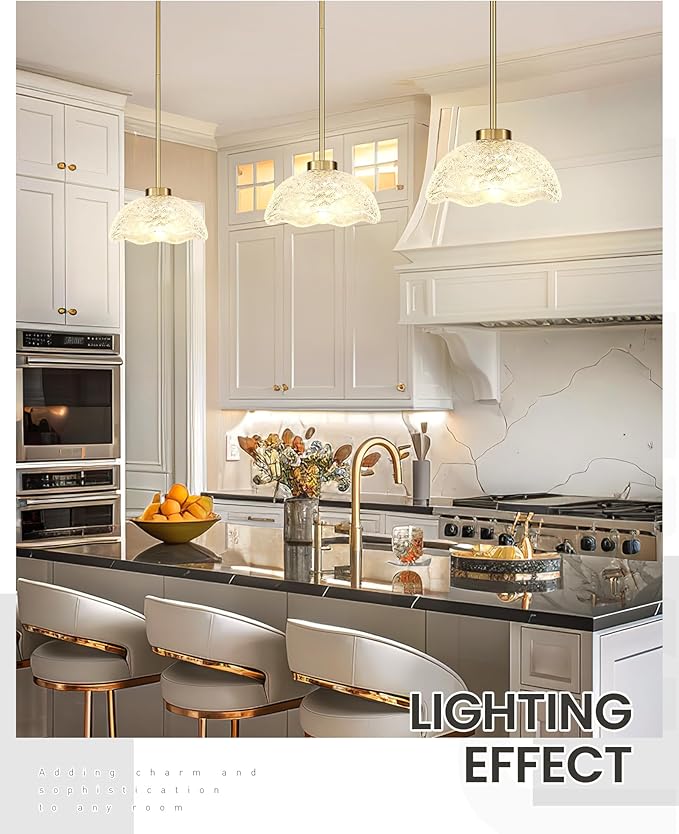 zeyu 2-Pack Pendant Lights Kitchen Island Gold, 10.4'' Ceiling Hanging Light Fixtures, Brushed Gold Pendant Lightings with Clear Hammered Glass, ZJX116M1L-2PK BG
