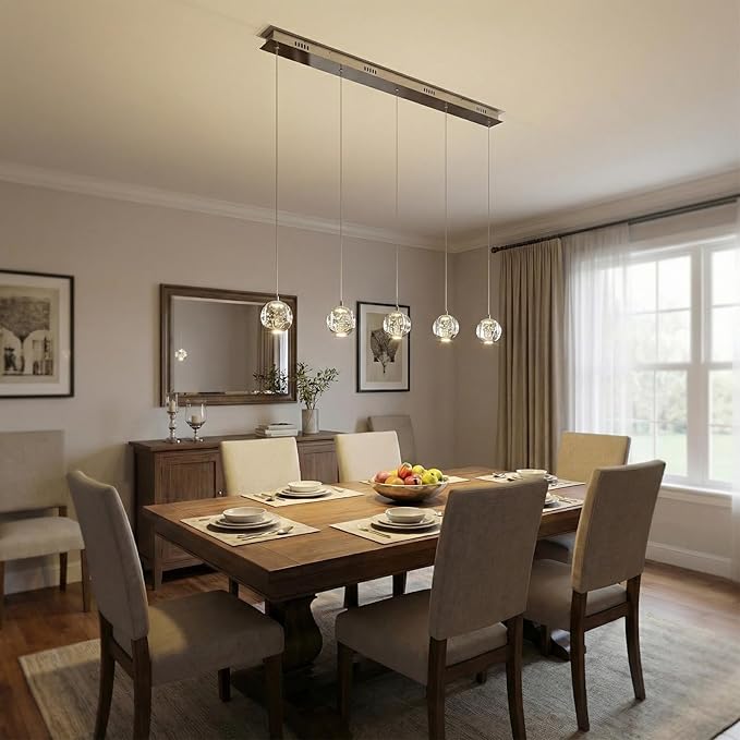 37.8" LED Linear Pendant Light Fixtures, 5-Light Chrome Linear Chandelier Bubble Glass Globes, LED 3000K Warm White, Modern Island Lights for Kitchen Living Room Ceiling Hanging, Hardwired