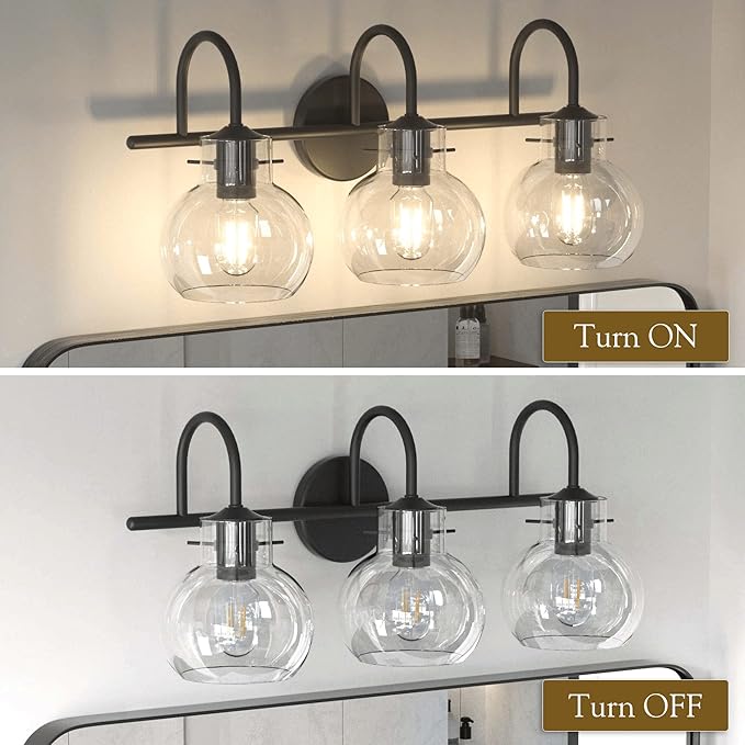 Black Vanity Light, Modern 3 Light Bathroom Light Fixtures Over Mirror Matte Black Bathroom Vanity Light with Globe Glass Shade, E26 Base, 17 Inch, UL Listed