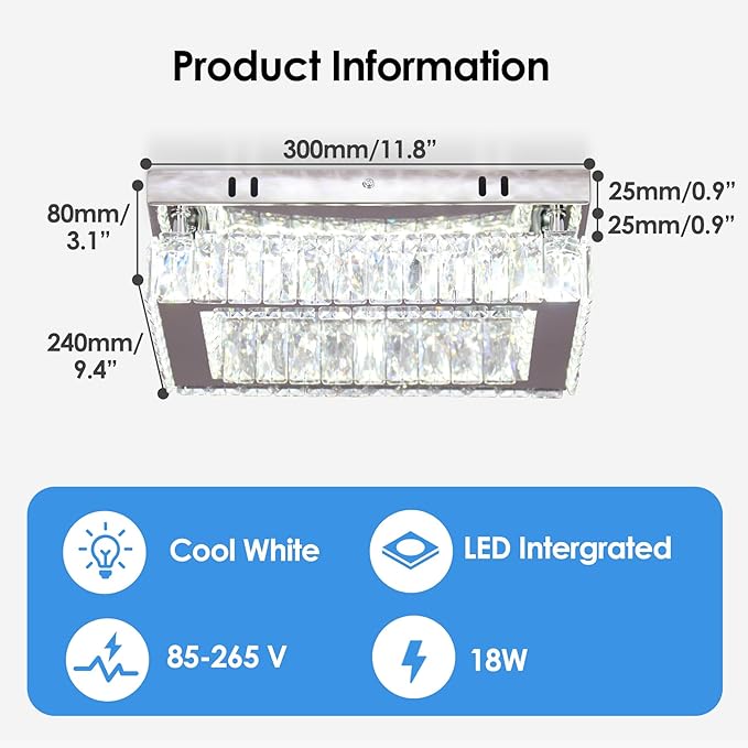 Finktonglan Crystal LED Flush Mount Ceiling Light, 11.8"×9.1" Rectangular Close to Ceiling Light, K9 Crystal & Mirror Stainless Steel, 20W 6000–6500K Cool White, Non-Dimmable