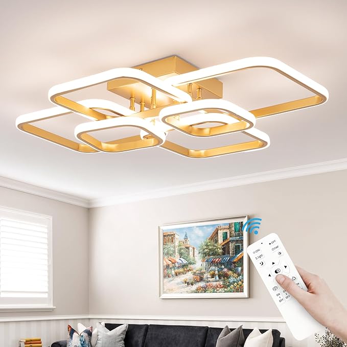31.5" Modern LED Ceiling Light 6-Square Dimmable Ceiling Light Fixtures with Remote 3000K-6000K Gold Close to Ceilings Lamp 60W for Living Room, Bedroom