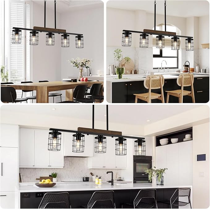 36" Farmhouse Kitchen Light Fixture, Black Hanging Kitchen Chandelier, 5-Light Rustic Dining Room Light Adjustable Height with Wood and Metal Frame, Suit for Farmhouse, Industrial Style