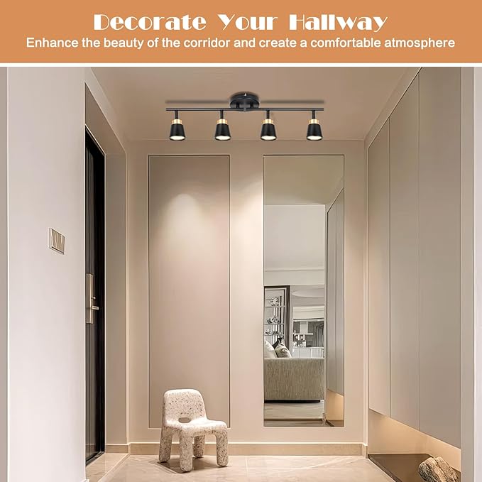 GORDNWE Track Lighting Fixtures Ceiling: LED Spot Lights Indoor 4 GU10 Flexible Heads Black Vintage Adjustable Compatible with Dimmable Bulbs Overhead Directional Lights Foldable for Kitchen Hallway