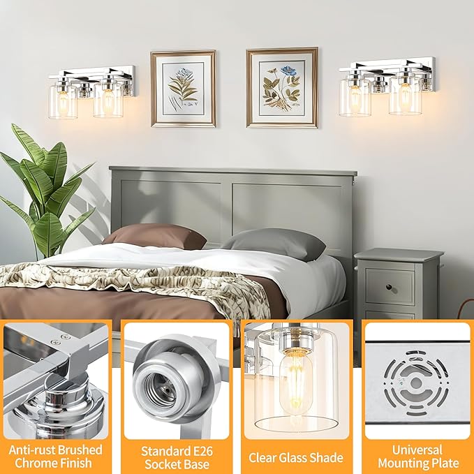 2 Light Modern Bathroom Light Fixtures Over Mirror, Chrome Vanity Lights for Bathroom Wall Sconces with Clear Glass Shades, E26 Socket (Bulbs Not Included)