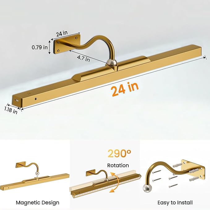 24 Inch Picture Light for Wall - Battery Operated Wireless Wall Sconce with Remote & Timer for Artwork, Portrait, Photo & Frame (Antque Gold)