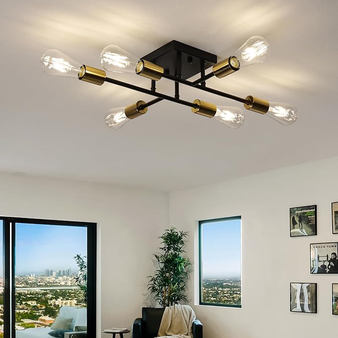 6-Lights Semi Flush Mount Ceiling Light Fixture, Matte Black and Golden, Modern Sputnik Close to Ceiling Light with E26 Base, Chandelier Light for Bedroom Kitchen Living Room Dining Room