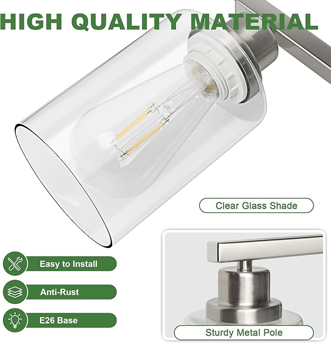 Ascher Bathroom Light Fixtures, 4-Light Vanity Lights with Clear Glass Shade, Modern Brushed Nickel Wall Light for Mirror Bedroom Hallway Cabinet Porch