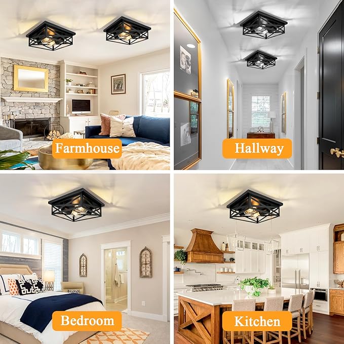 2-Light Flush Mount Ceiling Light Fixture, Square Farmhouse Ceiling Lights for Kitchen, Modern Black Close to Ceiling Light for Hallway Bedroom Balcony Porch Stairway, E26, (2 Pack)